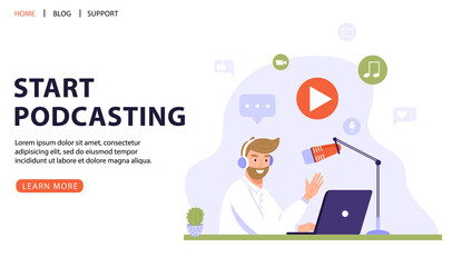 Podcast or interview concept. Podcaster recording podcast in studio with microphone and headphones. Vector web page banner illustration.