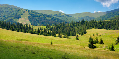 summer landscape of rural valley. beautiful panoramic countryside in the morning. cloud sitting on the mountain ridge. beautiful sunny weather.