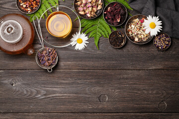 Various herbal tea, teapot and cup