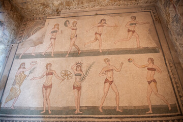 Ancient roman Villa del Casale with beautiful mosaic in hall "Ten girls in a bikini" built in the 3-4th century BC, Piazza Armerina, Sicily, Italy. Famous tourist attraction in Italy