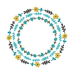 Three hand drawn floral frames. Template for greeting card. Flowers and leaves placed in a circle