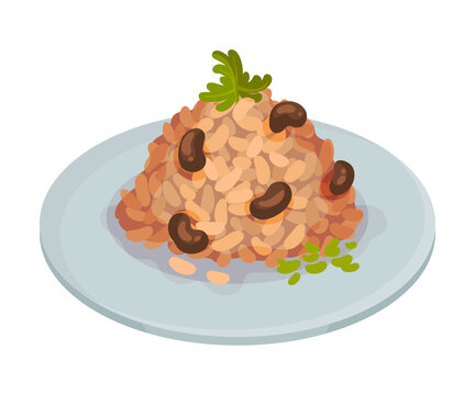 Stewed Black Bean With Rice As Cuban Dish Vector Illustration