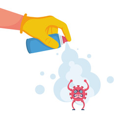 Landing page coronavirus protection. Man in gloves holds bottle of antiseptic spray. Antibacterial flask kills bacteria. Disinfectant concept. Vector flat design. Hygiene home and personal hygiene.