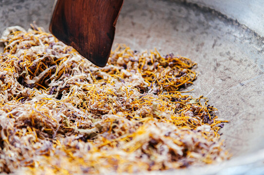 Lotus stamen or lotus pollen tea making process. Thai Asian herbal flower tea