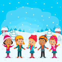 Fototapeta premium kids stand uotdoors in winter, illustration,vector