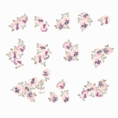 Floral arrangements in small wild flowers of violet. Set of country style bouquet. Rustic chic. Use for textile design, wallpaper, covers, surface, print, gift wrap, scrapbooking, decoupage.