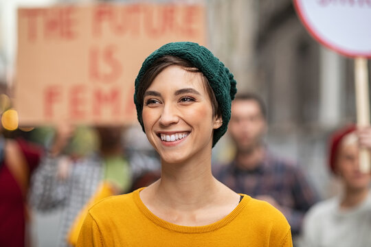 Happy Smiling Woman In Protest For Female Rights