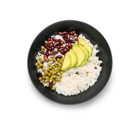 Bowl with tasty rice, beans and avocado on white background