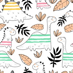 Obraz premium seamless pattern with cartoon dinosaurs, decor elements. Colorful vector flat style for kids. Animals. hand drawing. baby design for fabric, print, wrapper, textile