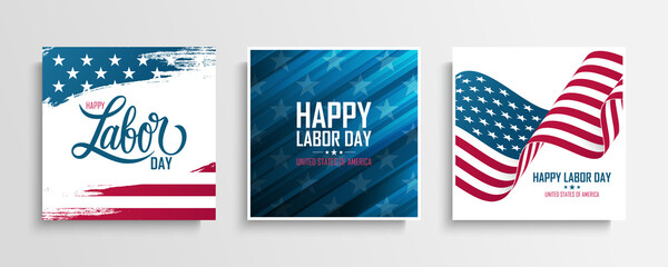 United States Labor Day greeting cards set with the american national flag. Happy Labor Day. USA national holiday vector illustration. - obrazy, fototapety, plakaty