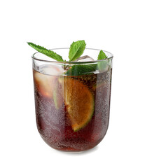 Glass of tasty Cuba Libre cocktail on white background