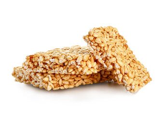 Crispy rice bars on white background