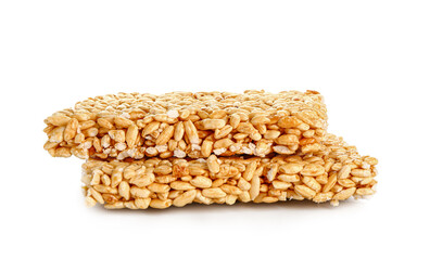 Crispy rice bars on white background