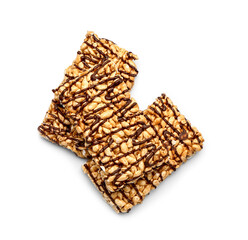 Crispy rice bars on white background