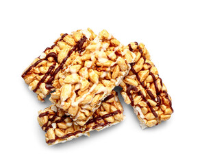 Crispy rice bars on white background