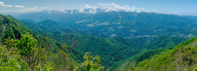 Fototapeta na wymiar View of the Hakuba Valley and surrounding peaks of the Japanese Alps.