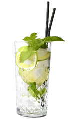 Glass of fresh mojito on white background