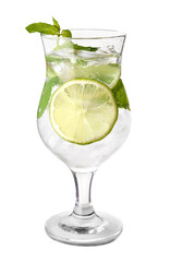 Glass of fresh mojito on white background