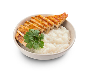 Bowl with boiled rice and chicken on white background