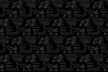 Physics seamless pattern with the equations, figures, schemes, formulas and other calculations on chalkboard. Retro scientific handwritten vector Illustration.