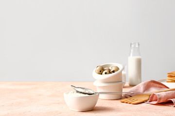 Ingredients for pancakes on table