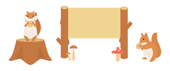 リスと木の看板のイラスト　(横長) © kimomaru
