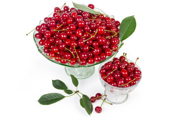 Fresh sour cherries in two different glass fruits bowls, leaves