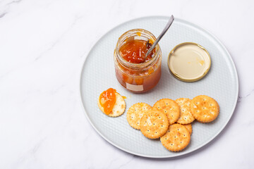 jam and crackers and place for text.