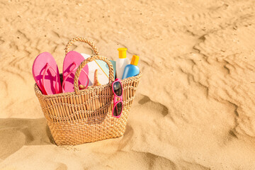 Fototapeta na wymiar Bag with beach accessories at resort