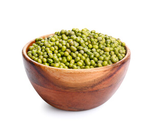 Bowl with raw mung beans on white background