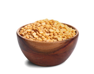 Bowl with raw peas on white background