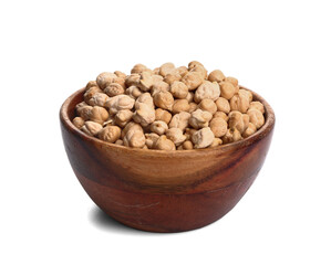 Bowl with raw chickpea on white background