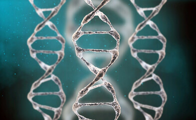 3D render of a medical background with DNA strands in color background. DNA molecule structure. Helical structure of dna strand close-up.