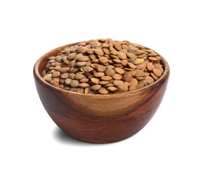 Bowl with raw lentils on white background