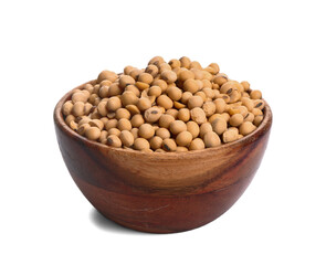 Bowl with raw soy beans on white background