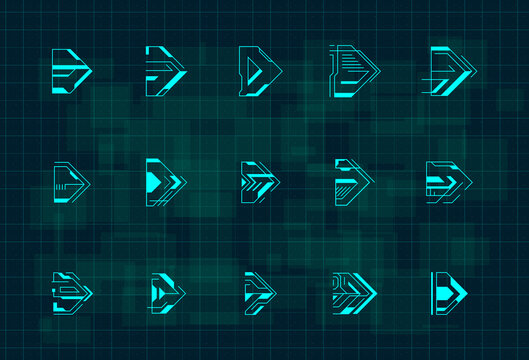 Set of futuristic HUD blue arrows. Cyberpunk arrows design for flyer, banner, cover, card, web and for game UI design. Digital hi-tech style pointers. Vector