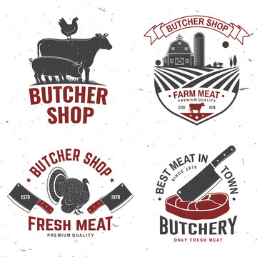 Set of butcher shop badge or label with cow, Beef, chicken. Vector. Vintage typography logo design with cow, chicken silhouette. Butchery meat shop, market, restaurant business.