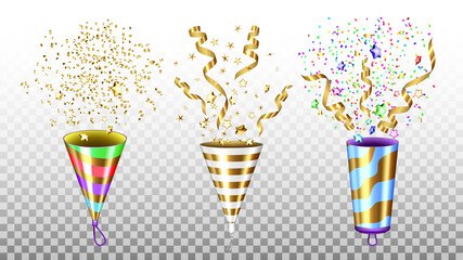 Party Popper Exploding Accessories Set Vector Illustration