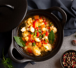 Vegetable soup with cauliflower, laurel and other vegetables in cooking pot