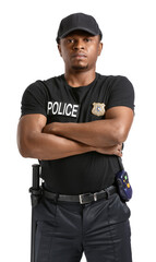 Fototapeta na wymiar Aggressive African-American police officer on white background