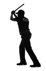 Silhouette of aggressive African-American police officer with baton on white background