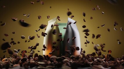 Set of three rotating vacuum packs of coffee in gold, silver and green colors. Doi-Pack bags. Dark roasted aromatic Arabica and Robusta coffee beans flying in air, rising and falling. 3d rendering.