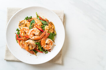 stir fried holy basil with shrimps and herb
