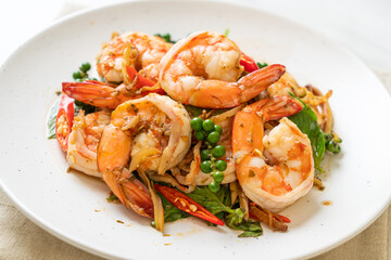 stir fried holy basil with shrimps and herb