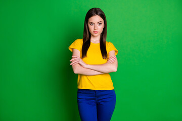 Portrait of minded executive manager girl cross hands enjoy her great company own success wear casual style clothes isolated over vivid color background