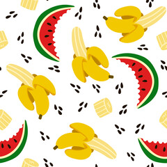 Seamless pattern with yellow bananas, slices of red watermelons, seeds. Repeating endless elements. Juicy and tasty fruits for a summer print. Background for textiles, packaging, postcards, etc.