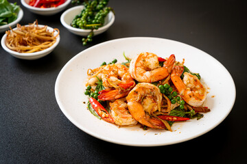 stir fried holy basil with shrimps and herb