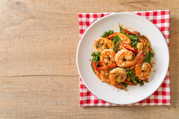 stir fried holy basil with shrimps and herb