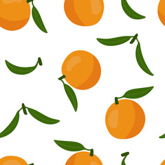 Seamless pattern with oranges, tangerines, green leaves. Repeating endless elements. Juicy and tasty fruits for a summer print. Background for textiles, packaging, postcards, etc.