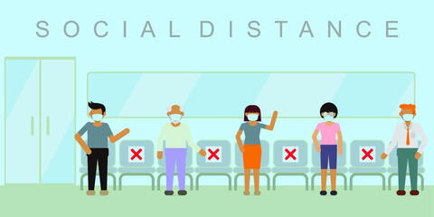 town people at indoor with social distancing with flat design style